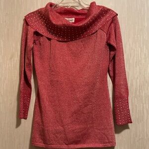 QUESTONS? RED & METALLIC GOLD STUDDED COWL NECK SWEATER
